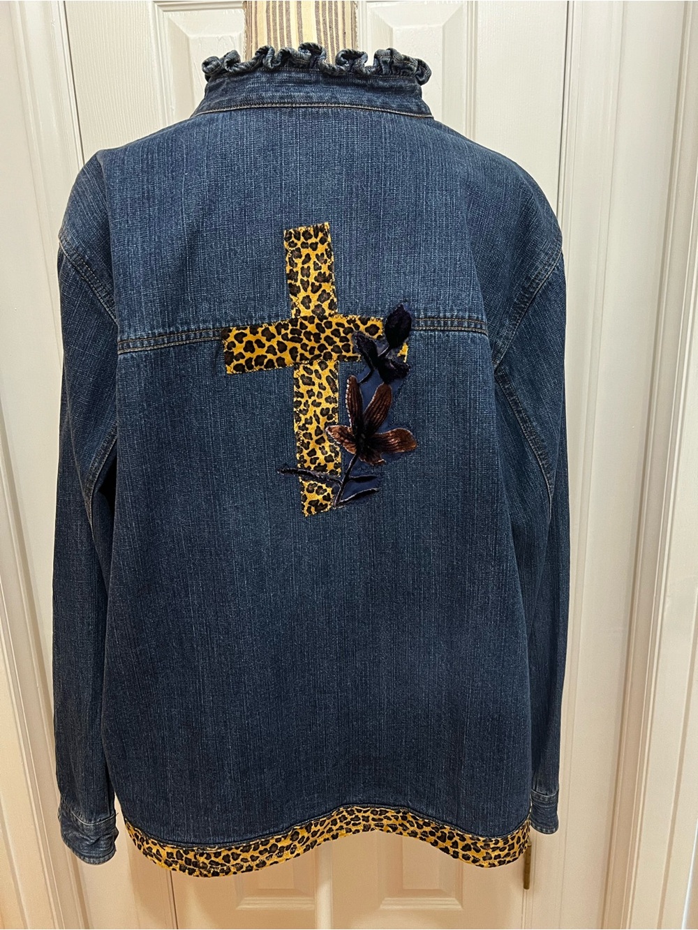 Upcycled Denim Jacket with Leopard Trim - Picture 3 of 3